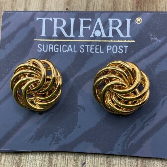 Trifari Gold Tone Swirl Knot Steel Post Earrings - Picture 1 of 7